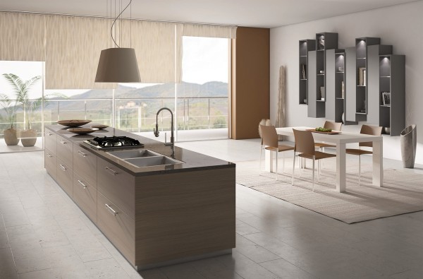 Kitchen island-view of living room and large windows