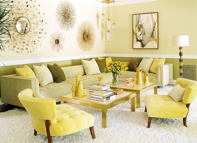 Yellow accents for the green living room