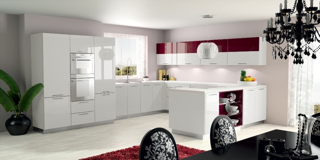 White kitchen and plum