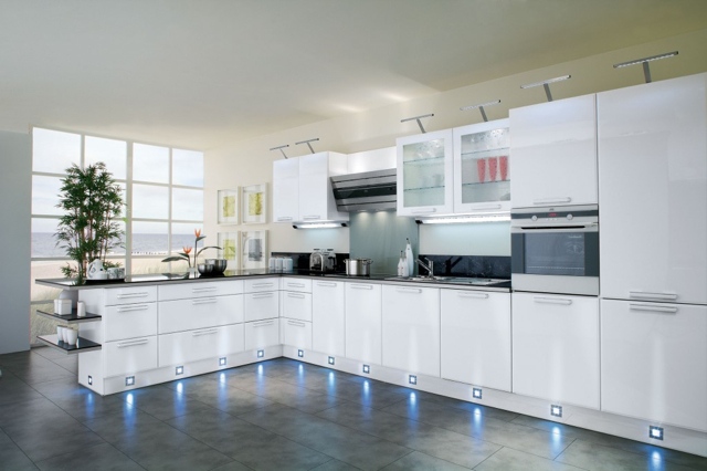 Beautiful modern kitchen with floor lights