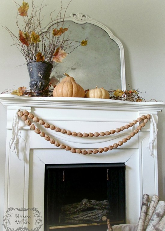 Fireplace Christmas deco minimalist pumpkins walnut branches