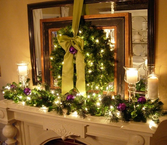 Fireplace Christmas deco purple white green