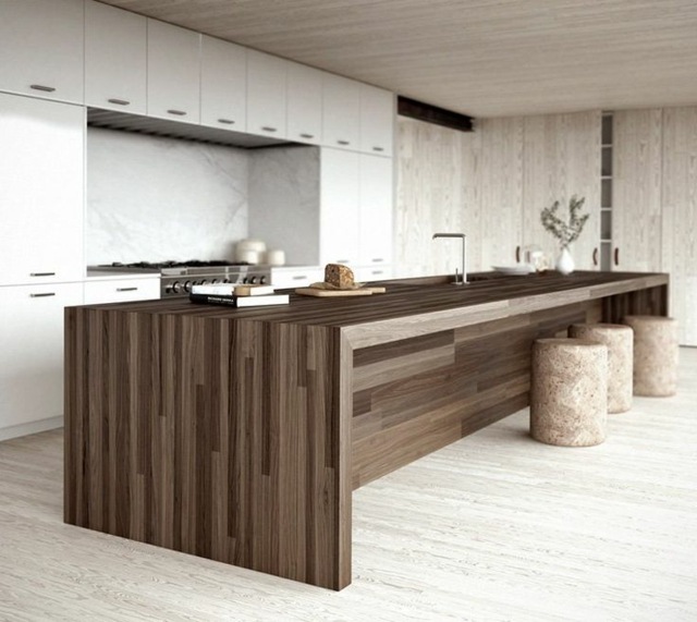 Minimalist white kitchen island-central wood