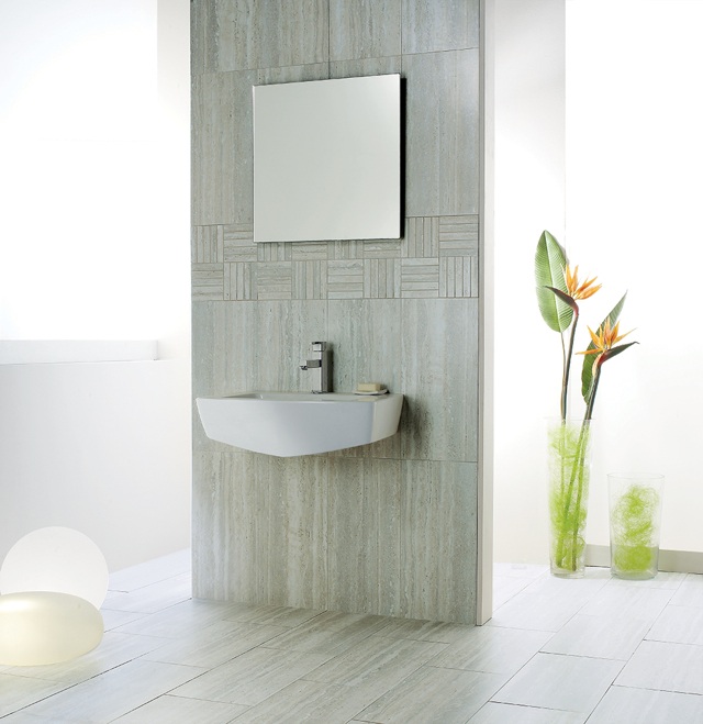 bathroom tile imitation gray beige white mirror deco flowers Detail washbasin gray