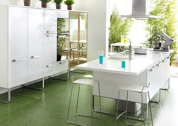 Kitchen decorating idea in white with a green floor