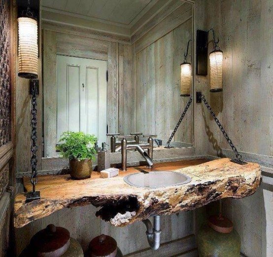 Rustic bathroom indutrial elements rough wood