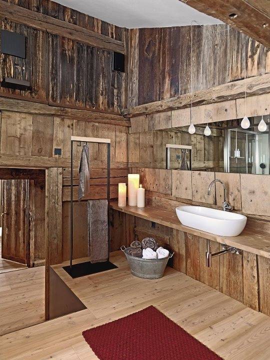 Mixed wood rustic bathroom