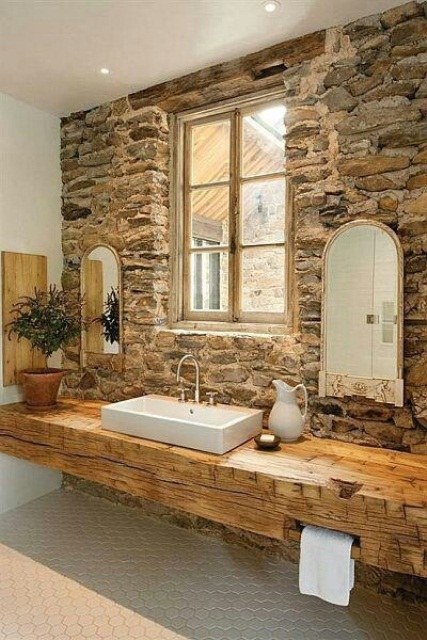 Rustic bathroom stone wood tile