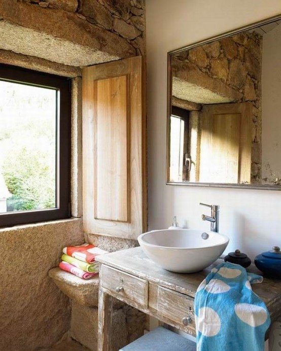 Rustic stone and mortar bathroom