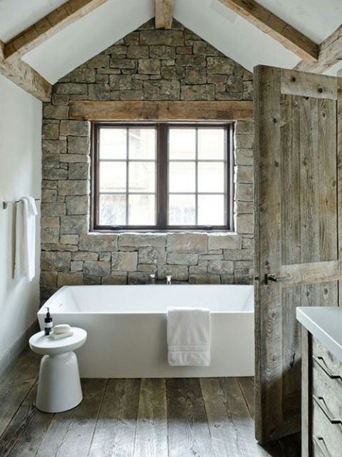 Rustic bathroom village style mountain wall cut stone