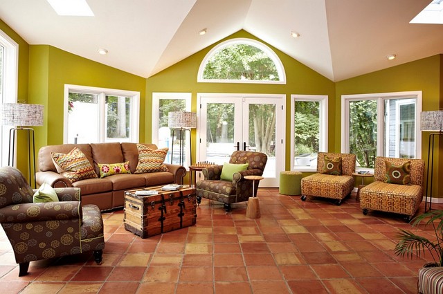 Green living room with a white ceiling