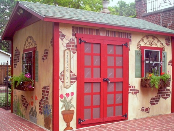 red colorful garden shed yellow drawings