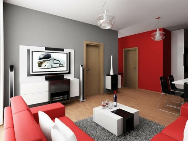 modern living room design sofa red black table white hanging lamp design