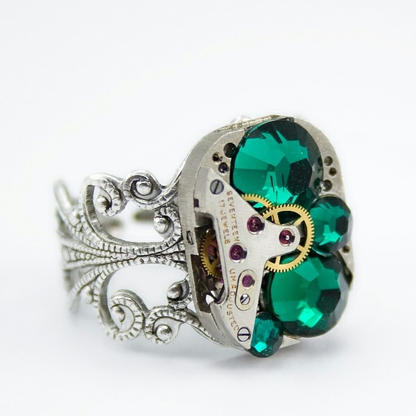 steampunk ring green stone accessories