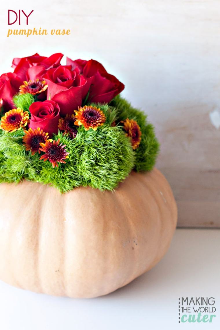 diy idea deco autumn roses bouquet pumpkin vase