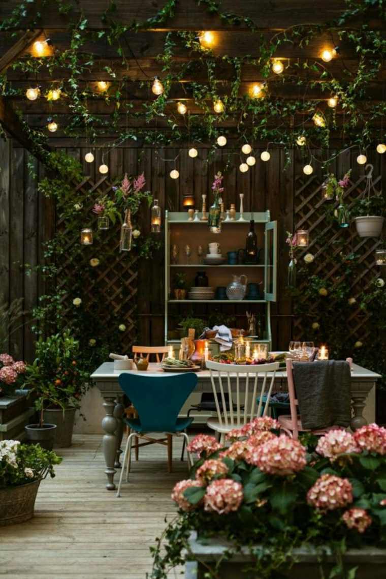 candles decorate outdoor garland light wooden chair