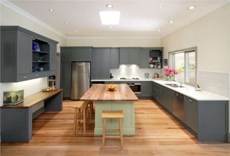 gray kitchen modern design central island wood