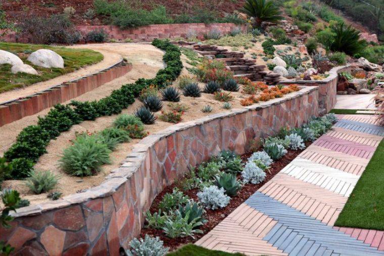 garden landscaping sloping terracing idea-flowers-gravel