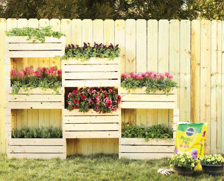 vertical garden idea wooden flower bins diy