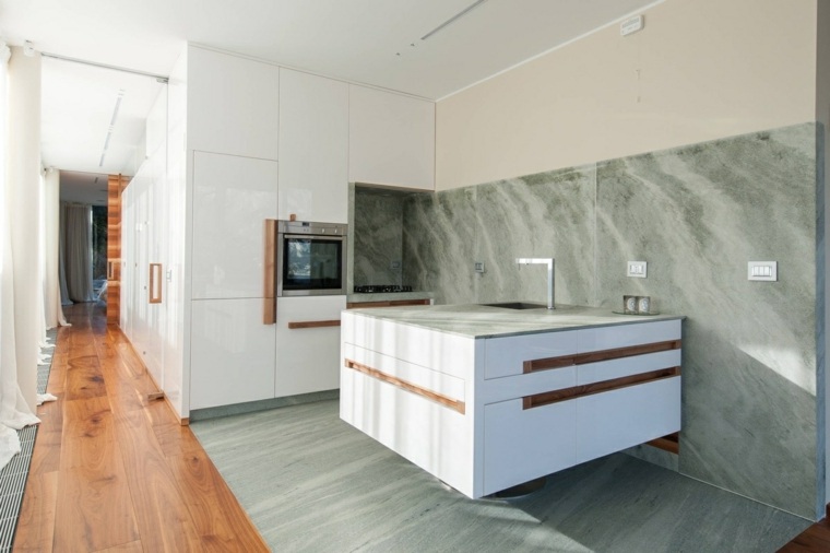 arrange a small white kitchen and wood stone cladding