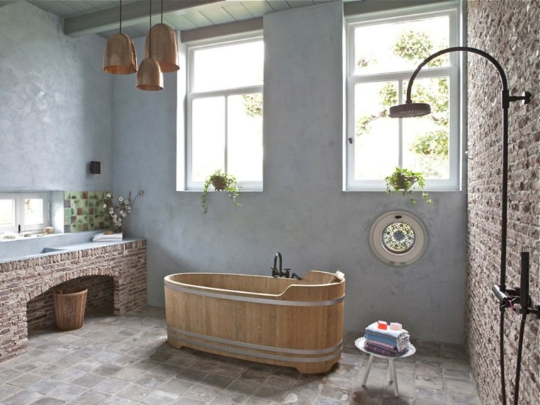 bathroom bathtub wood design flowers deco idea lighting fixture suspension