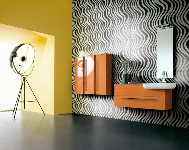 tiling black white furniture orange mirror bathroom idea