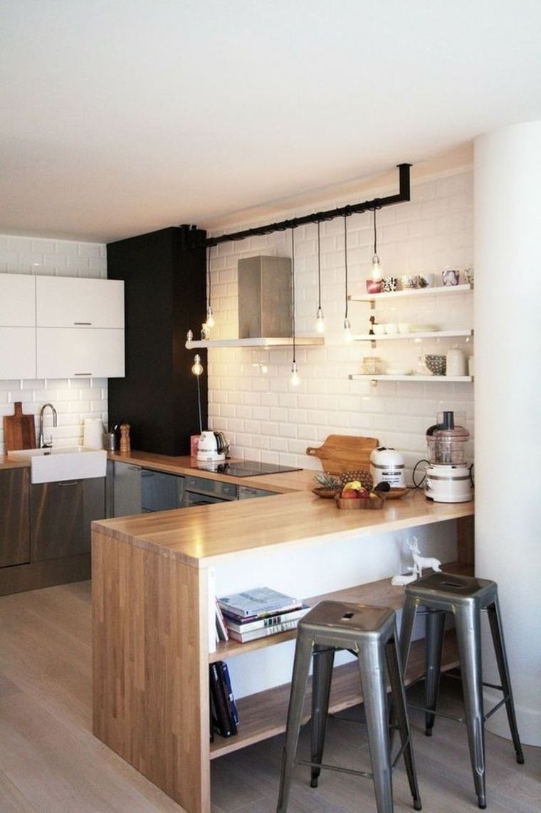 kitchen design modern island wood stool metal idea wall bricks