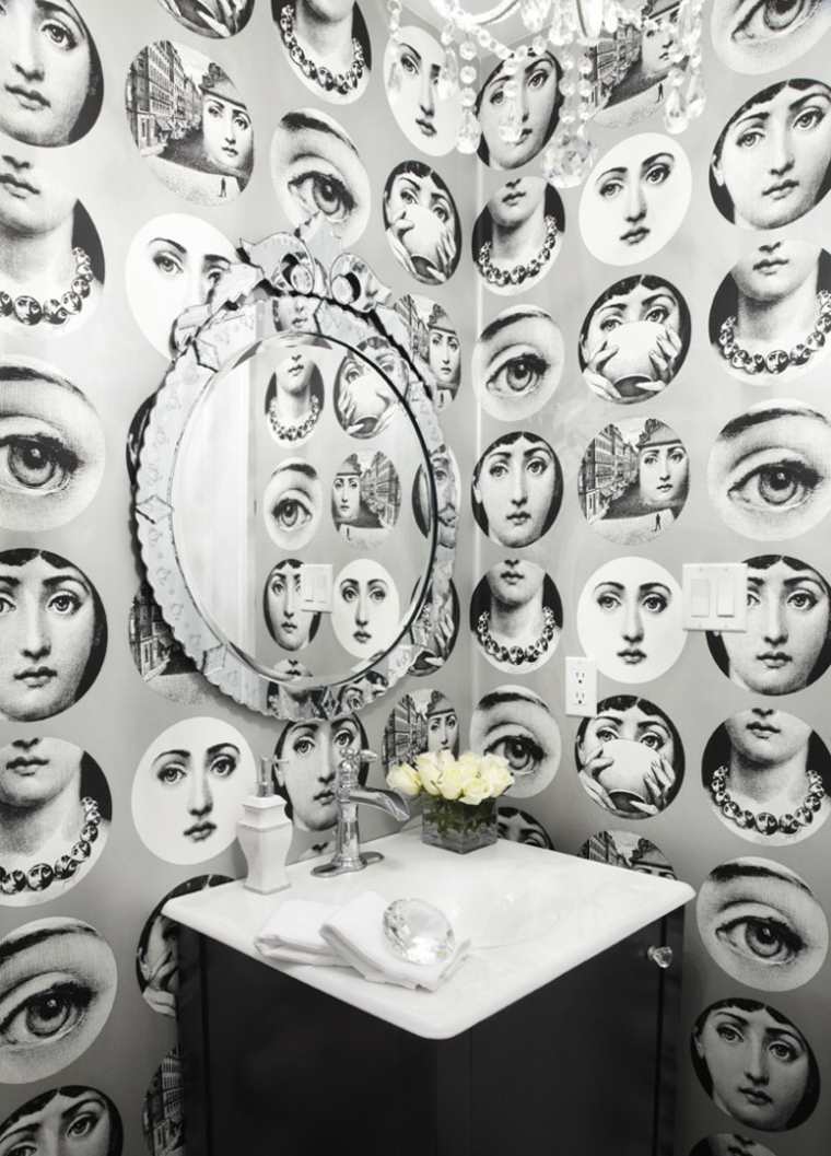 bathroom wallpaper idea black white round mirror furniture
