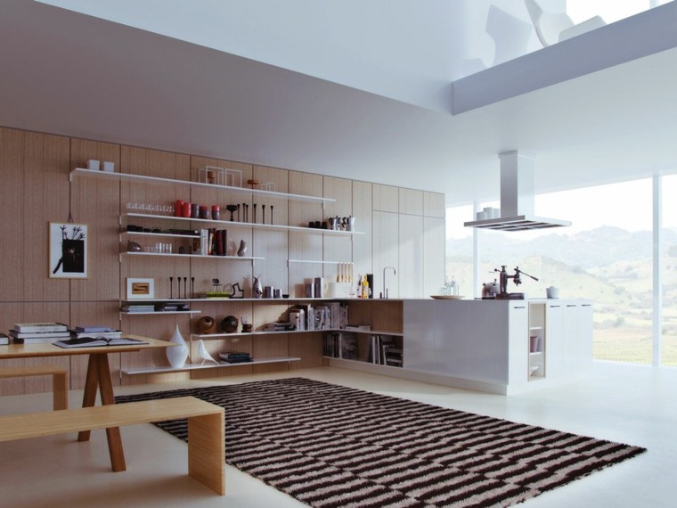 kitchen design modern open space shelves wood floor mats