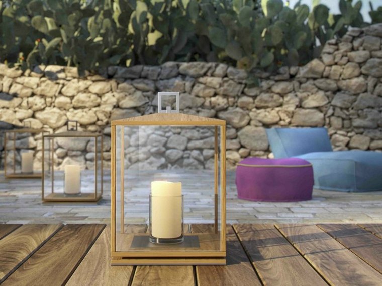 deco garden idea candle wood design atmosphera outdoors modern sofa blue pouf purple