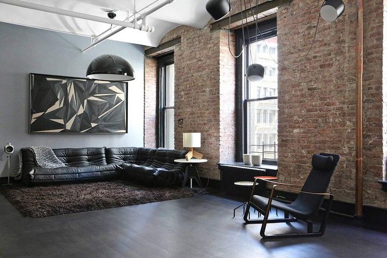 appart industrial deco idea wall chart sofa leather rug brown wall bricks