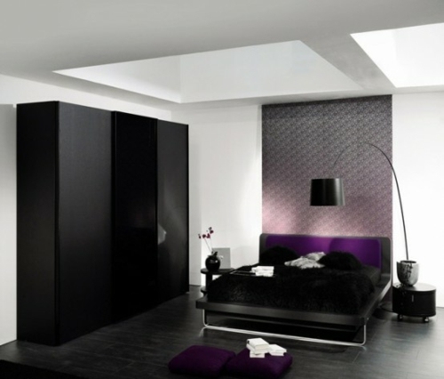 black bed cabinet purple accents