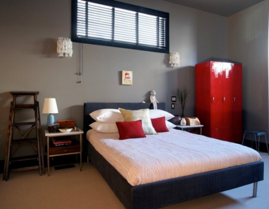 red cabinet walls gray bedroom