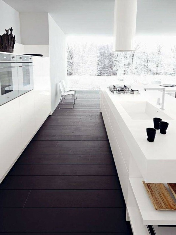 white cabinets contrast dark parquet flooring