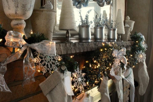 christmas arrangement chic white marble fireplace