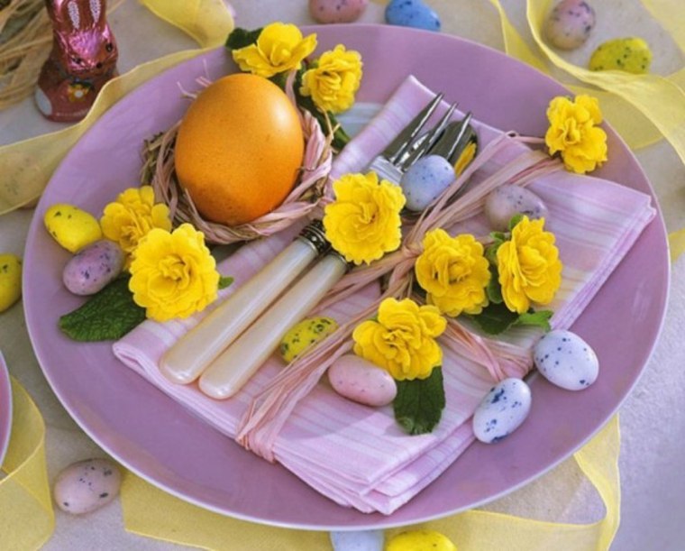 dekorasjon tallerken påskebord egg gule blomster