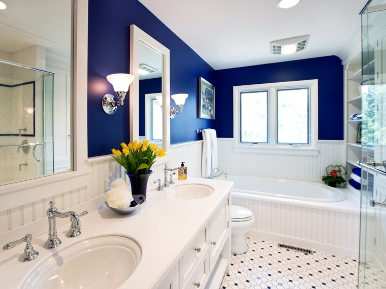 associate colors bathroom design black white blue deco flowers