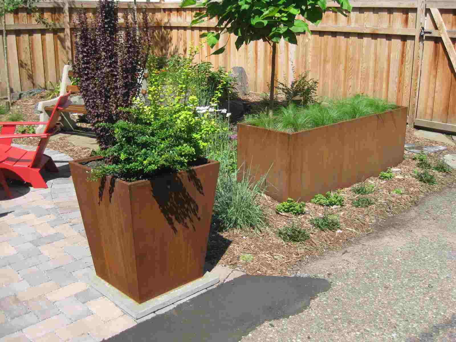 corten steel bins flowers garden