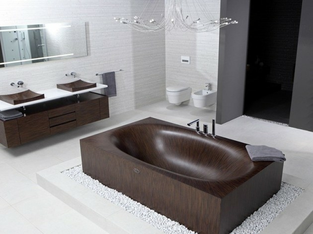 design wooden bathtub on gravel