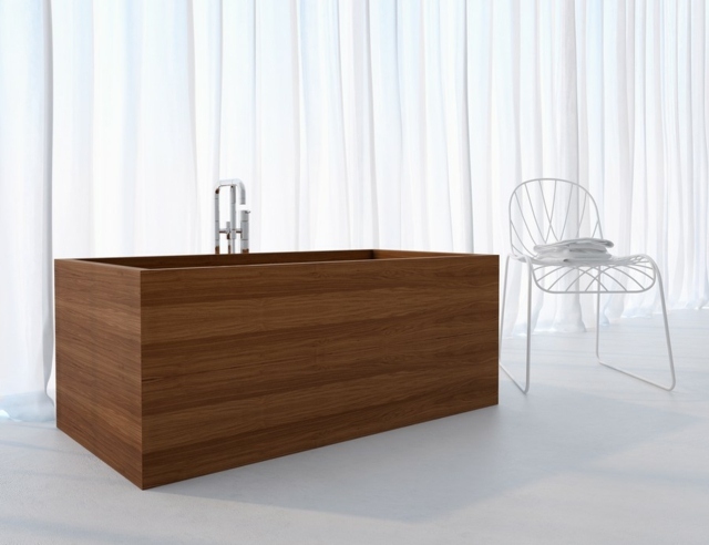 minimalist wooden rectangular bathtub