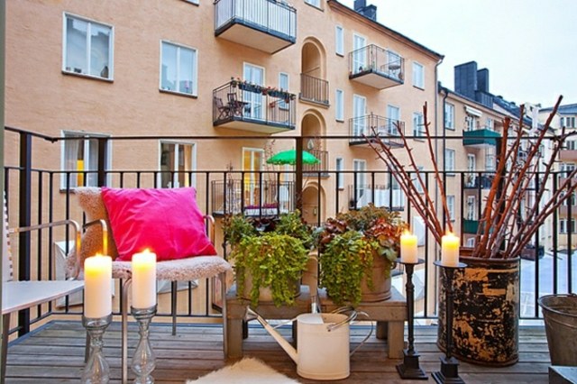 modern design terrace idea balcony terrace chairs cushion pink modern plant wood candle