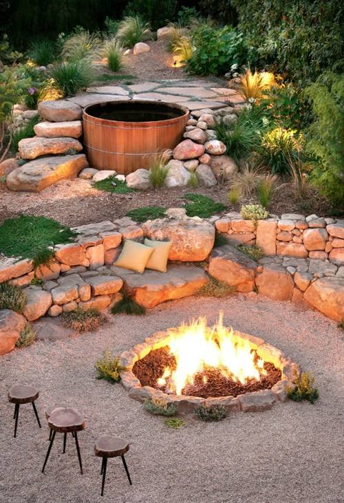 barrel wood fire fire chair gravel