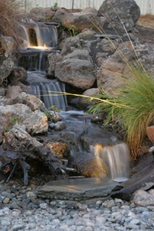 garden pond waterfall water lighting stone