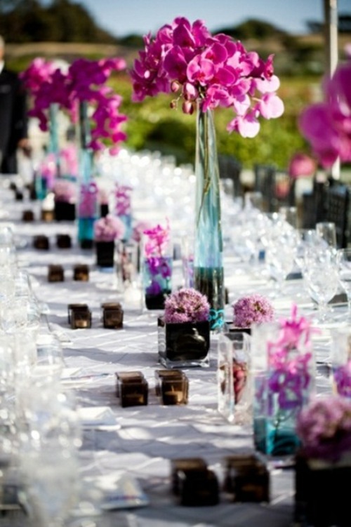 beautiful vases in flute pink fuschia flowers