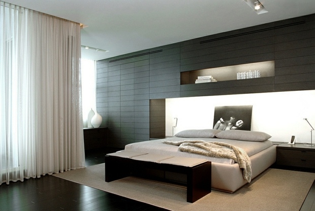 beautiful room with black accent wall white curtains