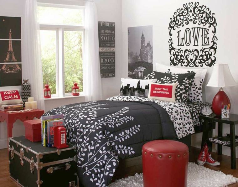 beautiful room in black and white red accents