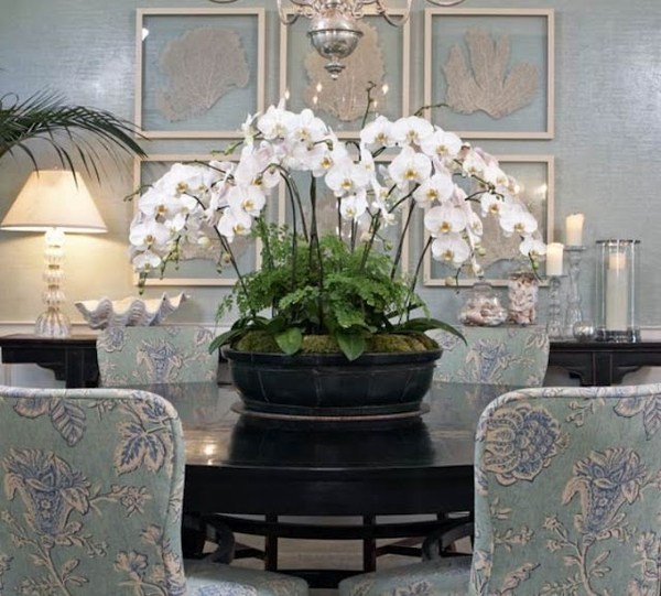 floral decoration table orchids green moss
