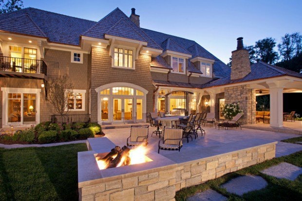 beautiful stone terrace with a square brazier