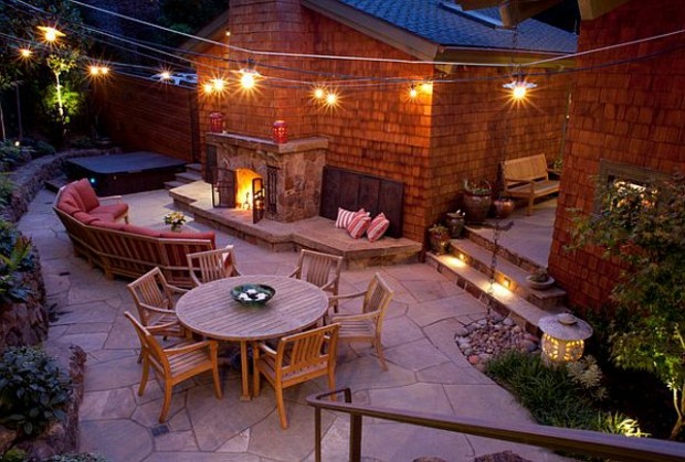 beautiful illuminated terrace with light garland