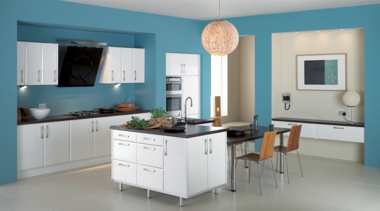 kitchen painting blue wall white furniture wood design central island